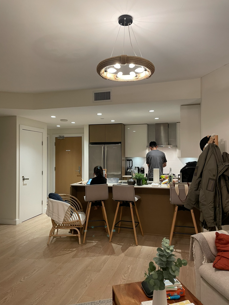 Open kitchen and living area in our Vancouver Airbnb