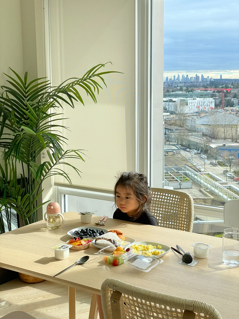 Family meal with our 3-year-old at a Vancouver Airbnb